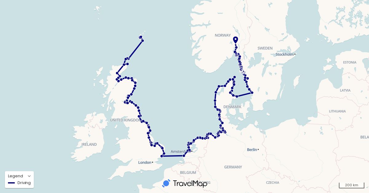 TravelMap itinerary: driving in Germany, Denmark, United Kingdom, Netherlands, Norway, Sweden (Europe)